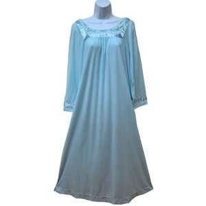 Vintage Character Brushed Nylon Long Retro Satin Embroidered Nightgown S USA NOS